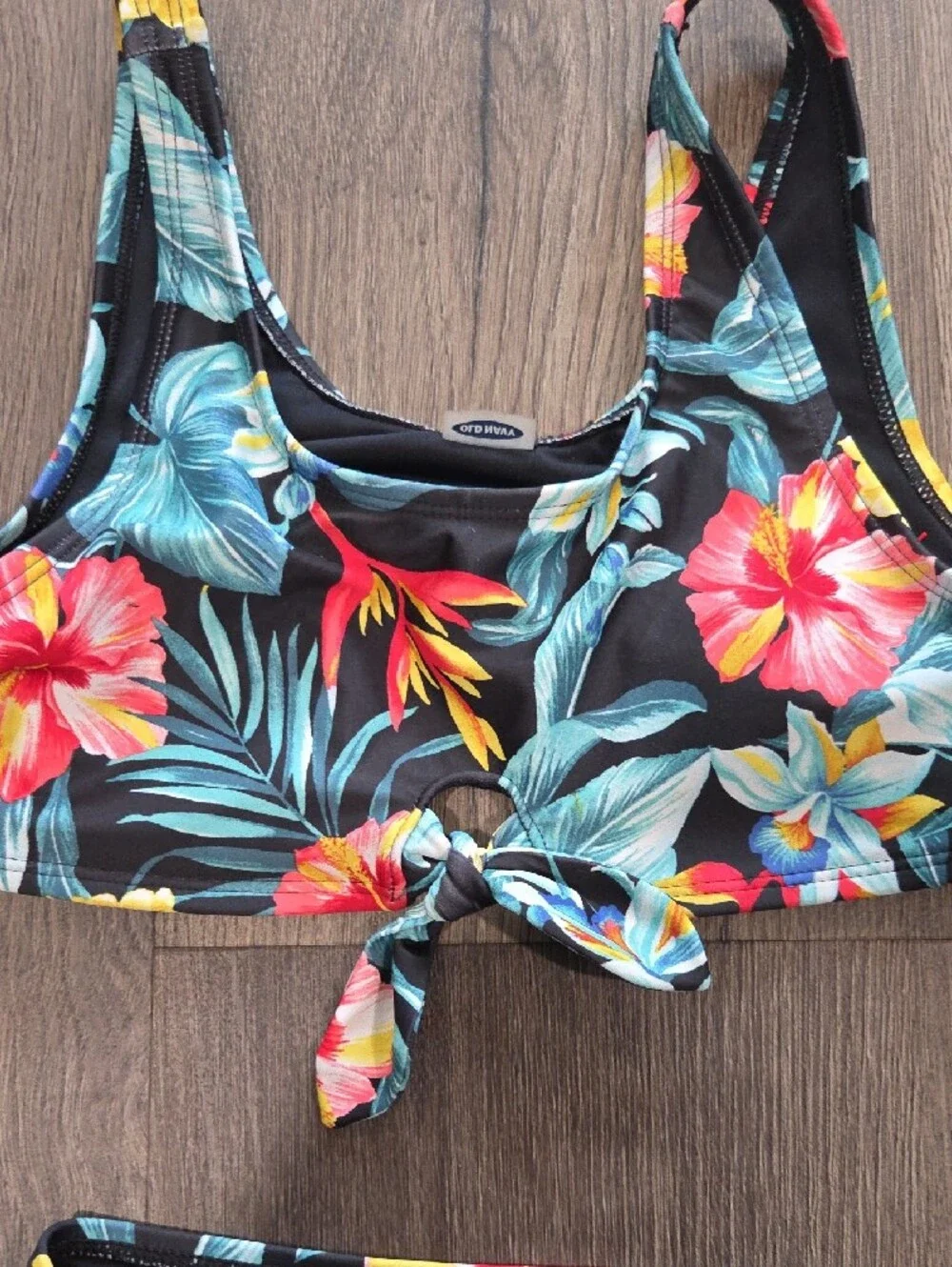 Old Navy Black Floral Girls Two-Piece Swim Bikini with Pink Yellow Blue Flowers